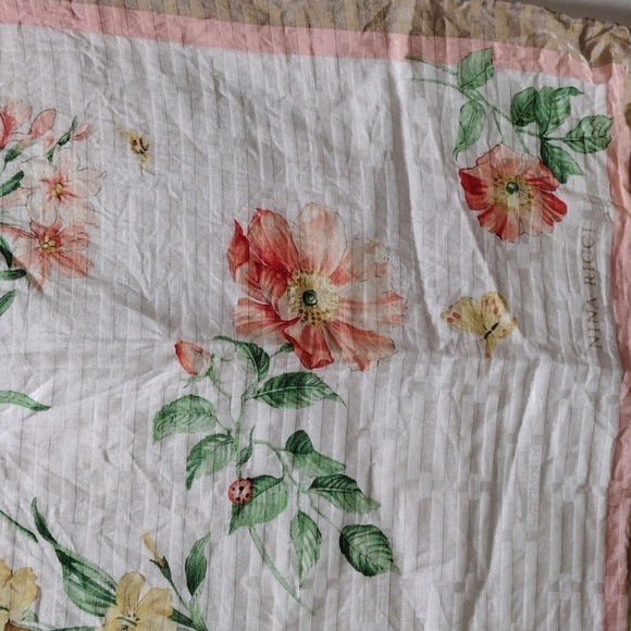Nina Ricci Floral Butterfly Print Design Neck, muffler, square Scarf 22x22-inch - Picture 6 of 9